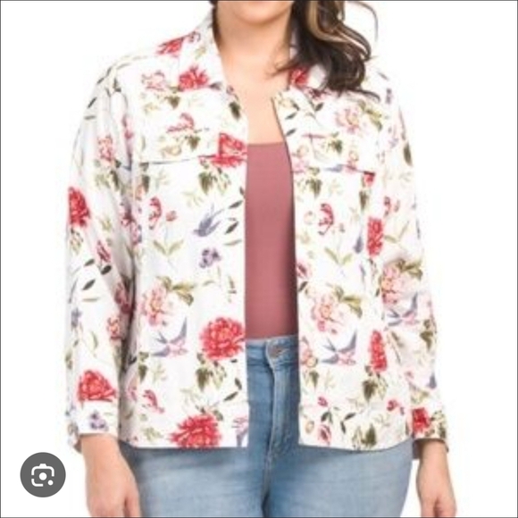 Tahari Women's Plus Size White Floral Print Linen Jacket. Size 1X Coastal - Picture 2 of 14